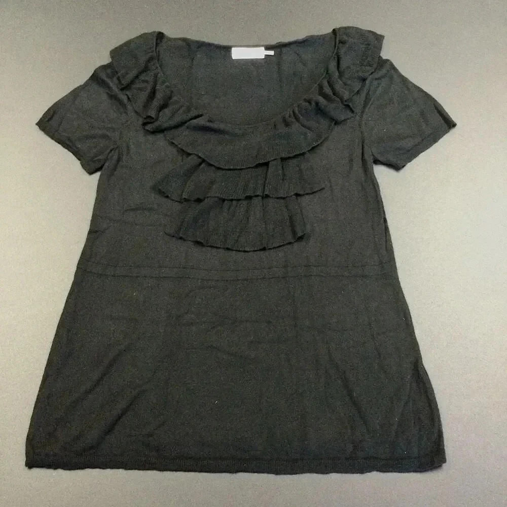 Calvin Klein Womens Black Knit Short‎ Sleeve Scoop Neck Ruffle Neck Top Medium